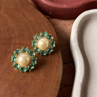 Brinco Pérola e Zircônia Verde Dourado