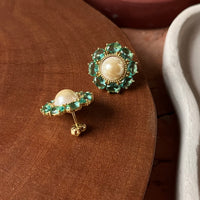 Brinco Pérola e Zircônia Verde Dourado