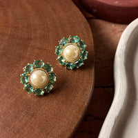 Brinco Pérola e Zircônia Verde Dourado